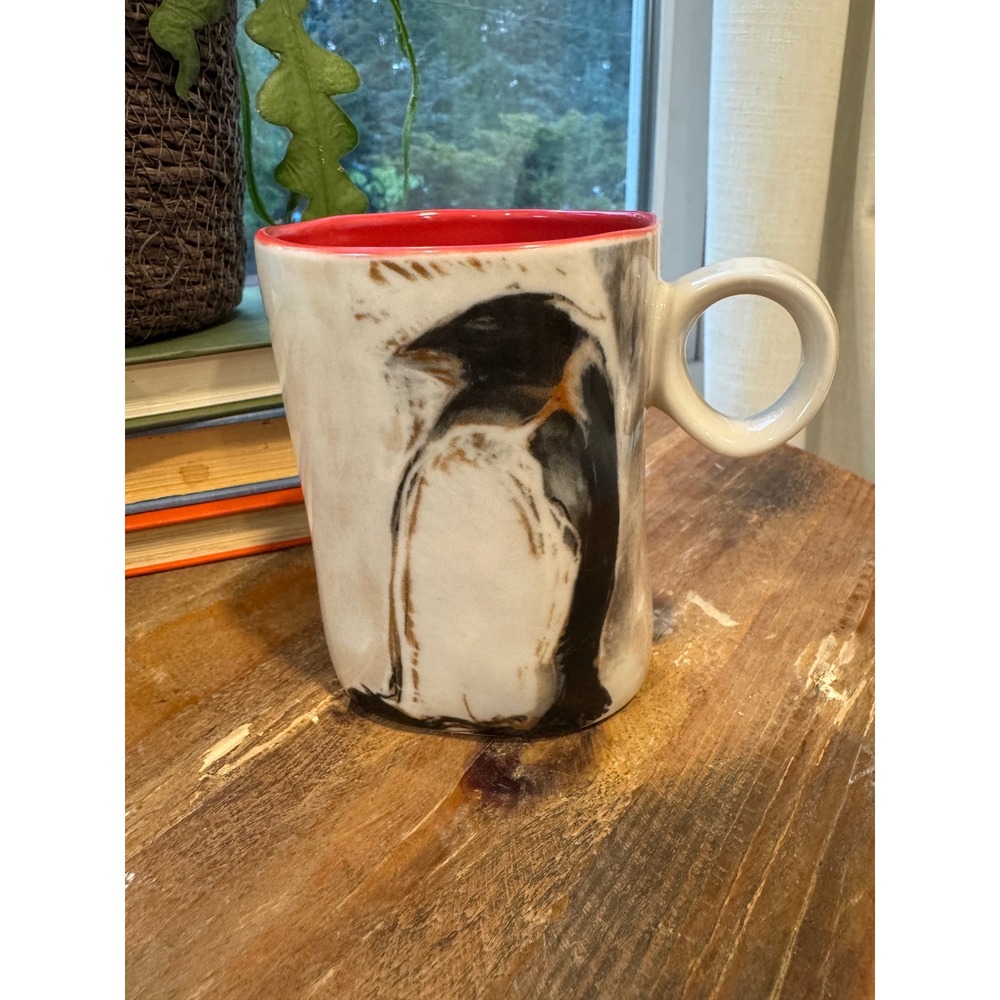 Artisan Anthropologie Northwood Penguin Mug Franna Lusson Red Interior White